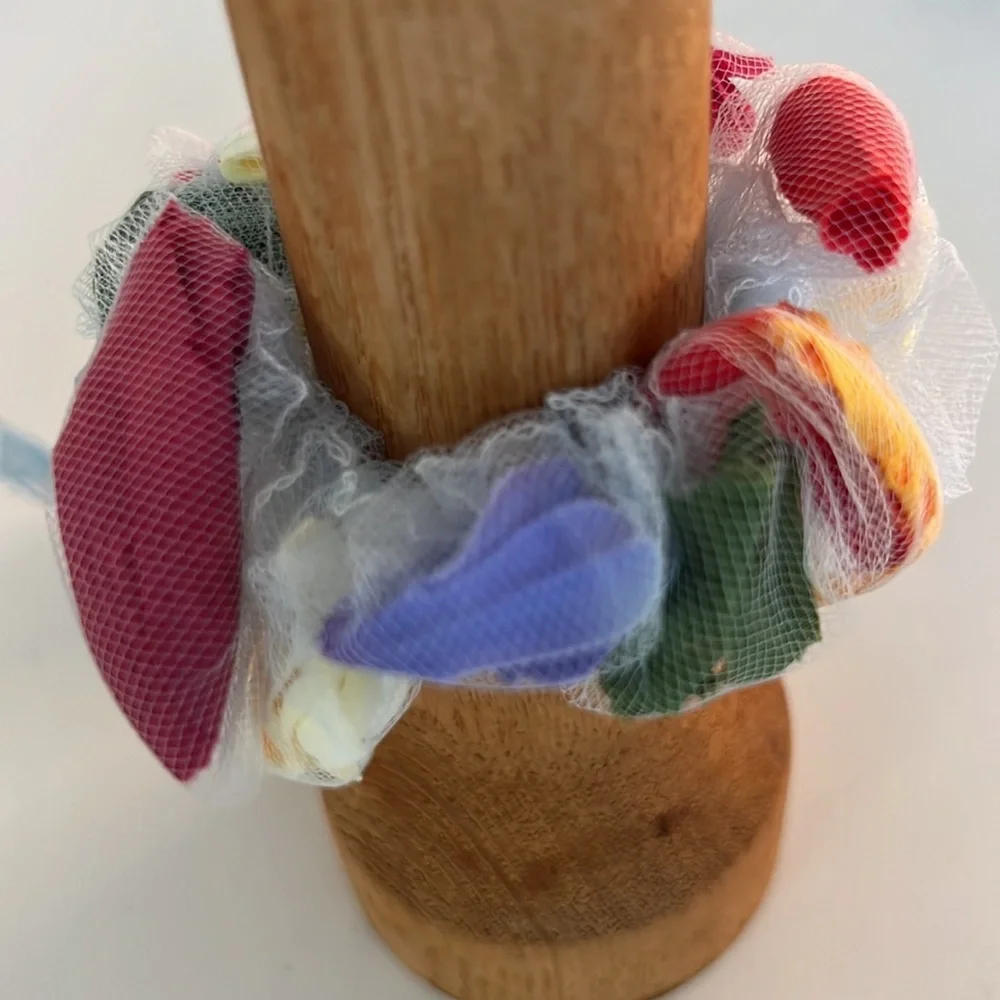 NWT Handmade Unique Mesh & Flower Petal Barbie Pink Scrunchie Artisan Accessory